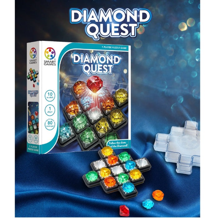 Smart Games Diamond Quest puzzle game with colorful gem tiles arranged in a grid for 1 player