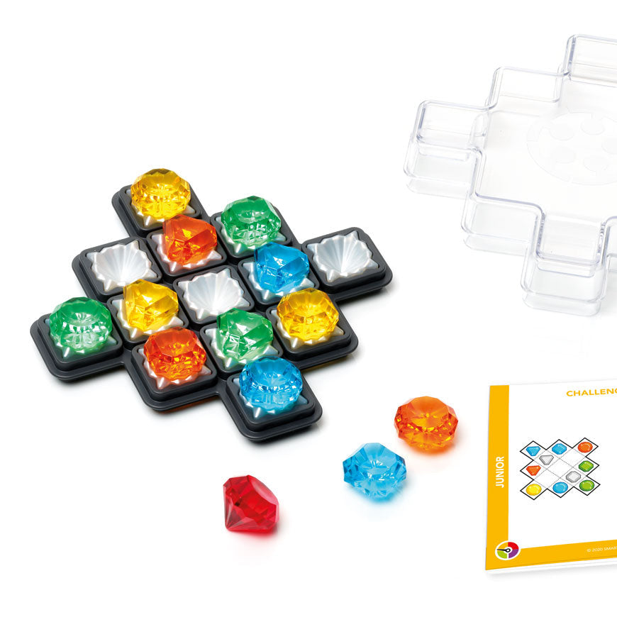 SmartGames Diamond Quest puzzle with colorful translucent gems on a black grid tray and clear lid