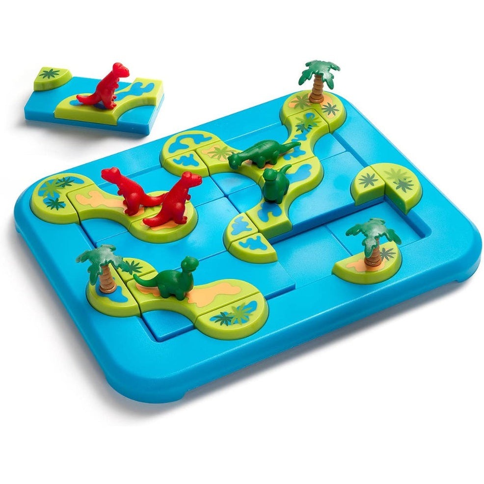 Smart Games Dinosaurs Mystic Islands puzzle board with green and red dinosaurs on colorful island tiles