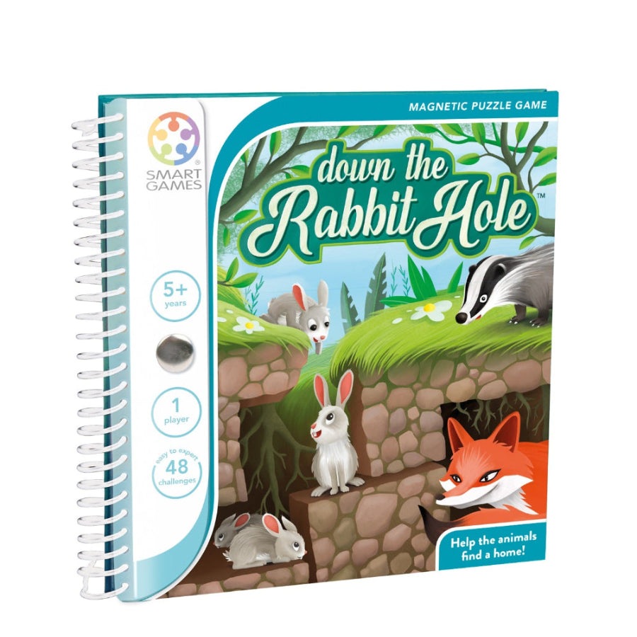 Smart Games Down the Rabbit Hole spiral-bound educational puzzle book with rabbits and a fox