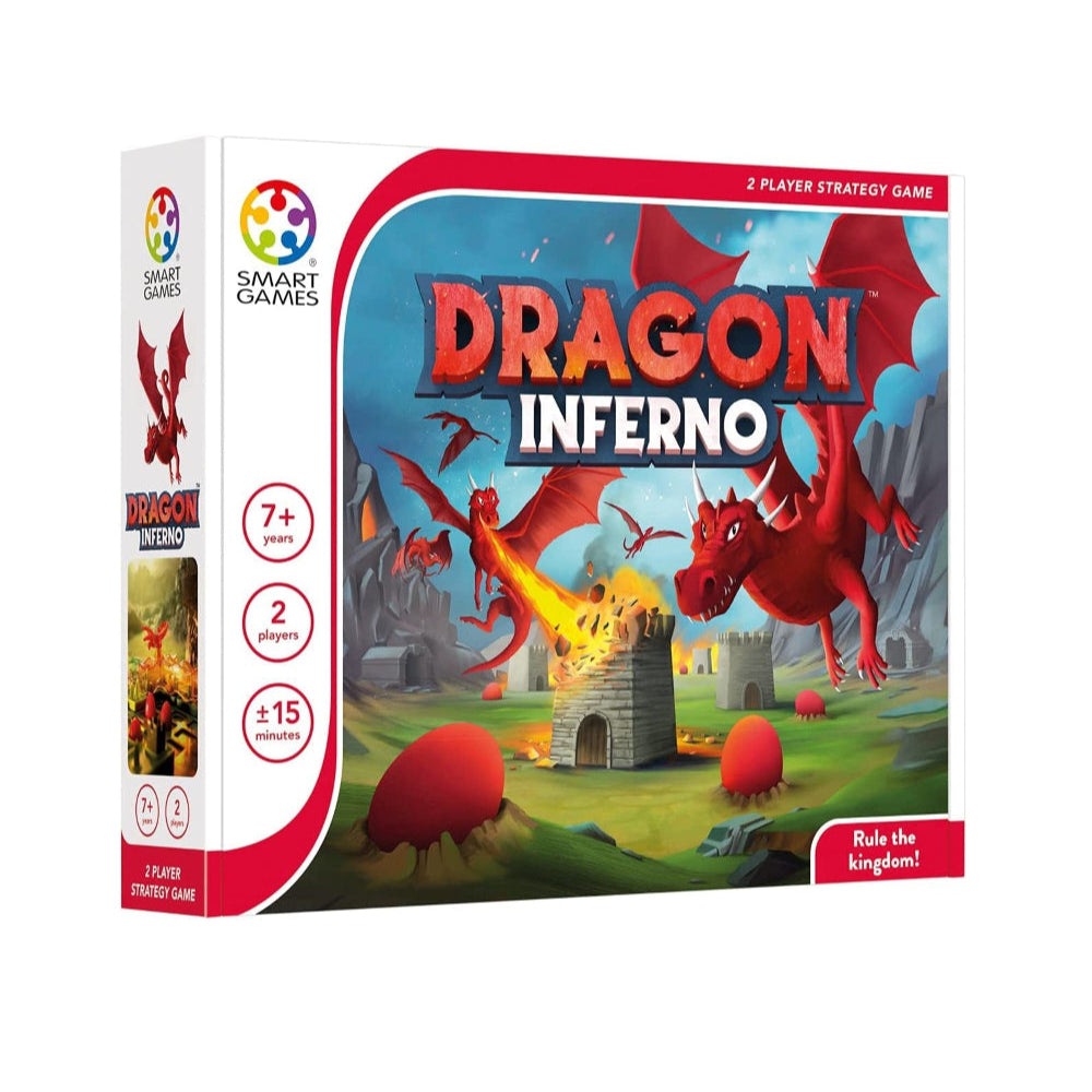 Dragon Inferno two-player strategy game by Smart Games; red dragons and castle artwork