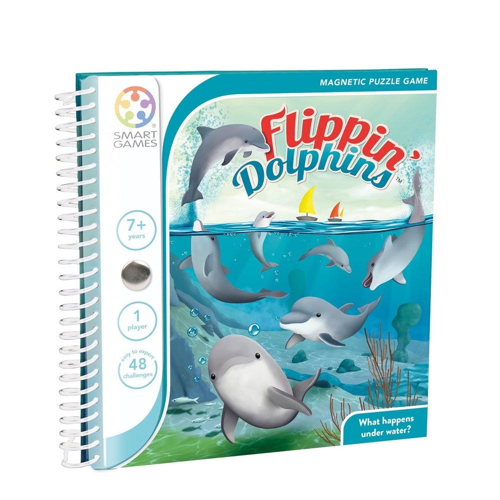 Flippin' Dolphins magnetic puzzle game by Smart Games, blue cover featuring dolphins underwater