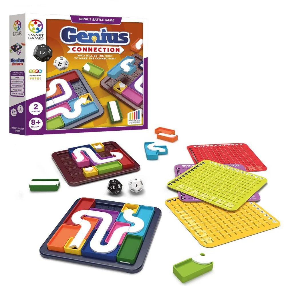 Genius Connection by Smart Games; colorful modular puzzle tiles, dice, and multiple score mats for 2 players