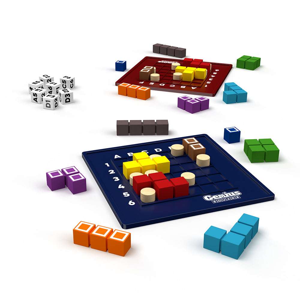 Smart Games Genius Square puzzle game with blue and red boards and colorful blocks for educational play