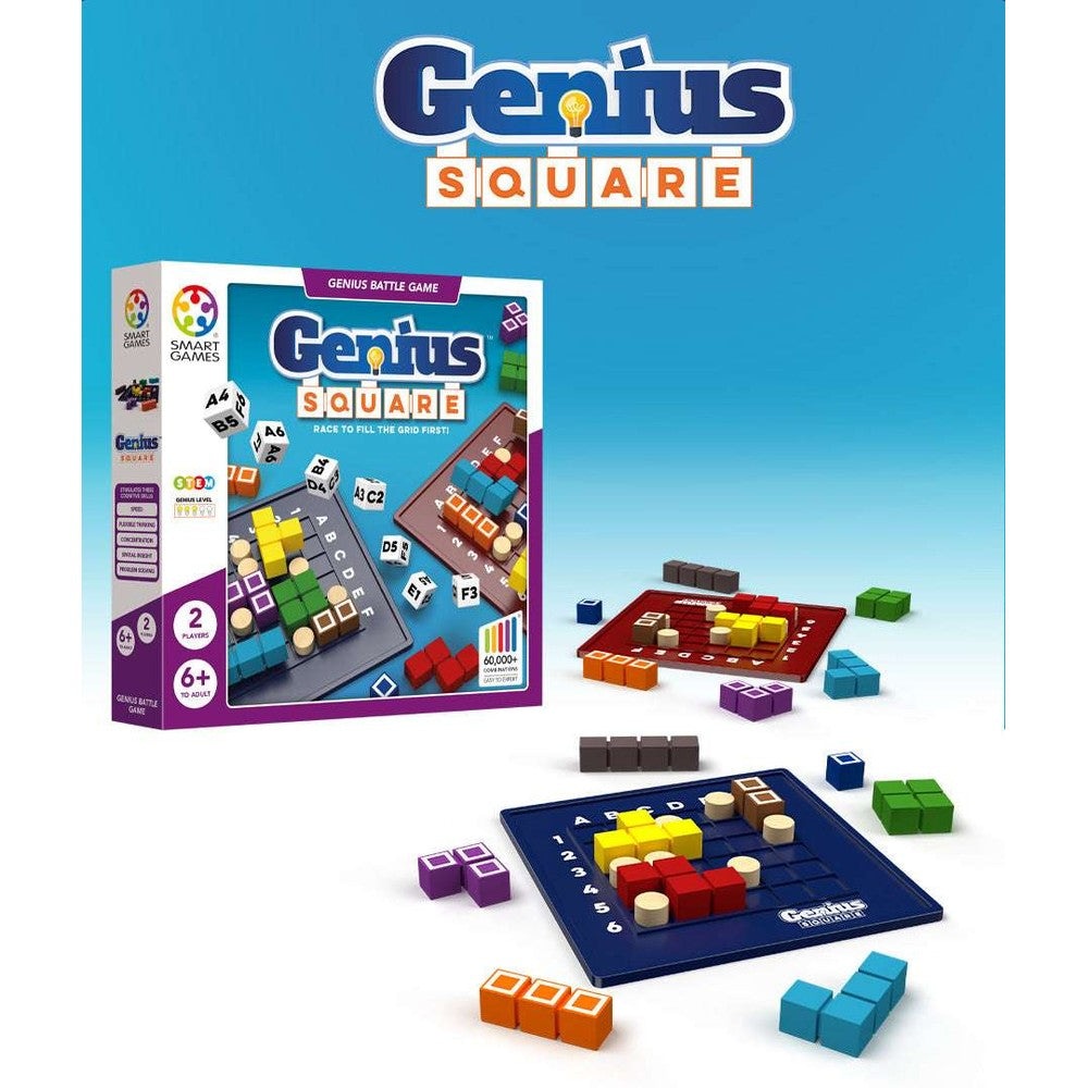 Smart Games Genius Square puzzle game box with colorful modular blocks and grid board by SMART GAMES
