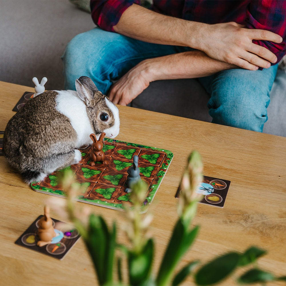 Smart Games Grabbit puzzle game with rabbit figurines on a clover-themed board for kids