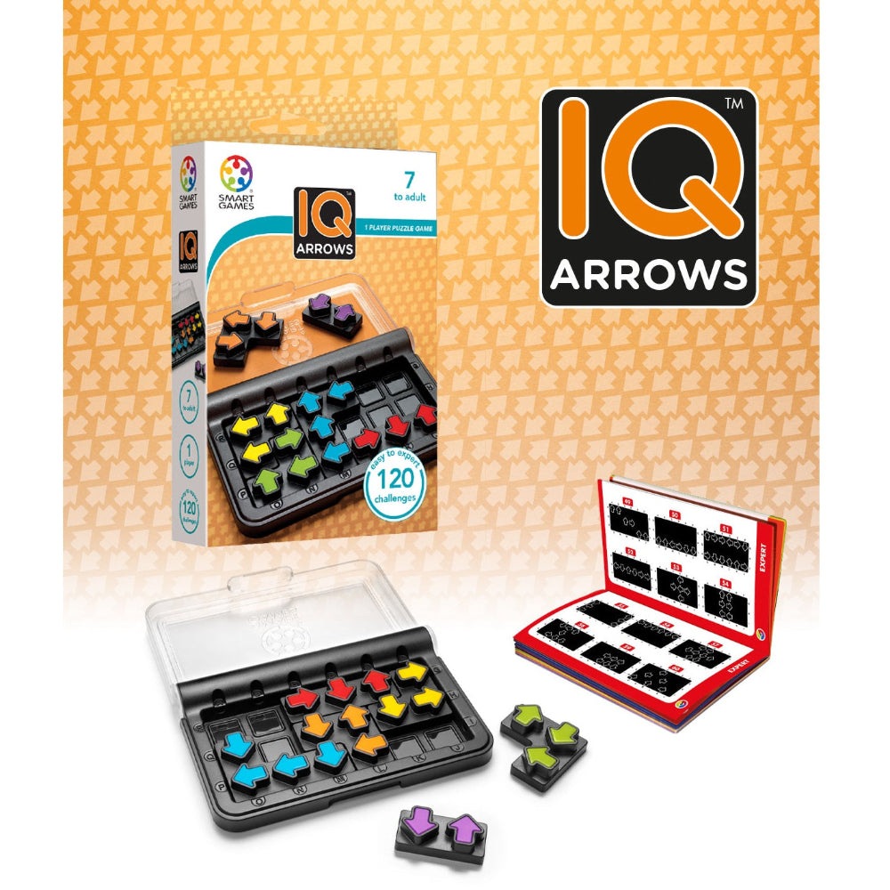 IQ Arrows puzzle game by Smart Games; colorful arrow tiles with storage case, educational toy