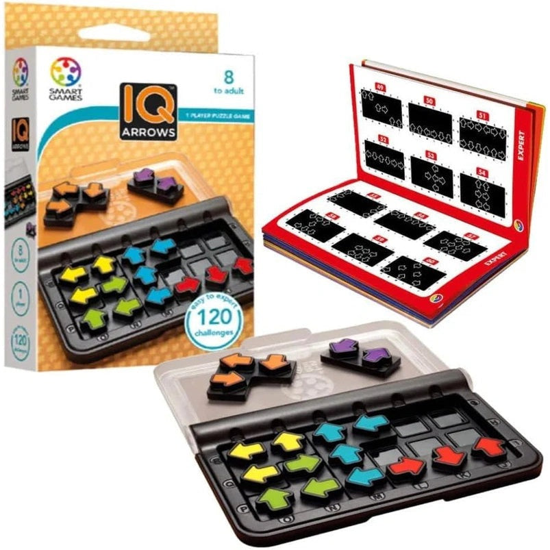 Smart Games IQ Arrows puzzle game with colorful arrow pieces in a portable tray; includes 120 challenges