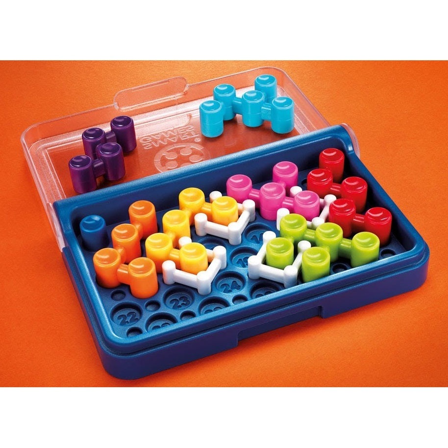 Smart Games IQ Blox puzzle game in a blue case with colorful pegs and white connectors for focused play
