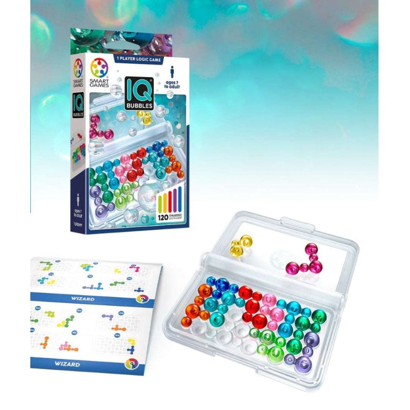 IQ Bubbles puzzle game by Smart Games with multicolor beads in a clear storage case and instruction sheets