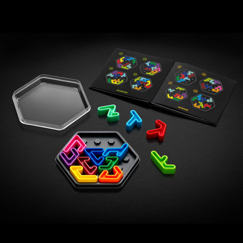 Smart Games IQ Deluxe Hexagon puzzle set with hexagonal tray and bright multicolor interlocking pieces
