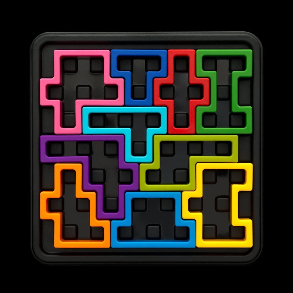 Smart Games IQ Deluxe Square puzzle toy; colorful interlocking tracks in a black tray