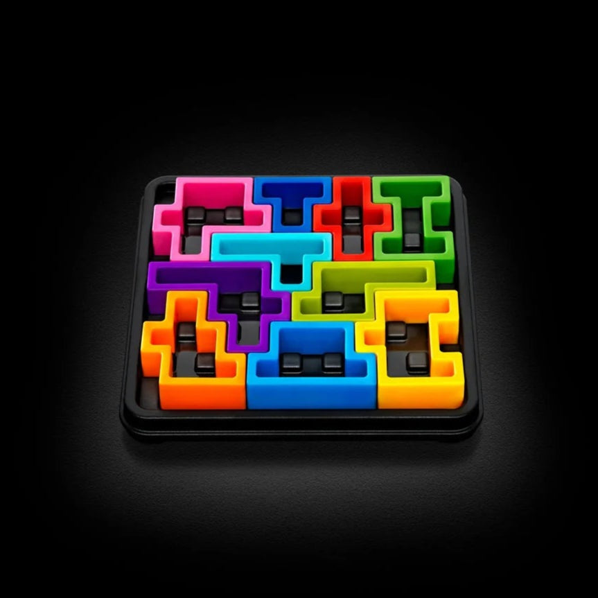 Smart Games IQ Deluxe Square puzzle with vibrant interlocking multicolor pieces in a compact square case