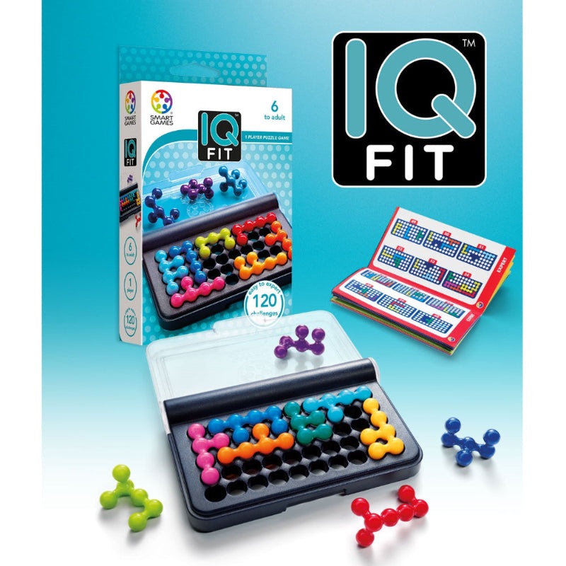 IQ Fit puzzle game by Smart Games; colorful plastic shapes with a compact tray and booklet