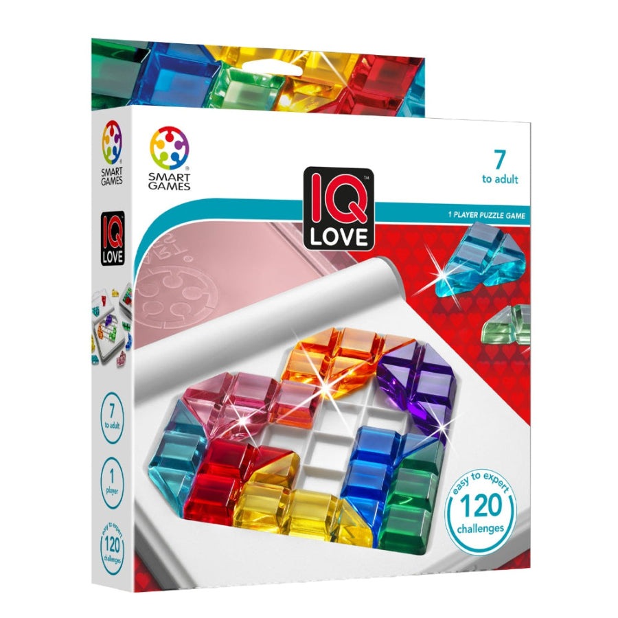 IQ Love puzzle game by Smart Games; colorful translucent cube tiles for 1 player brainteasers