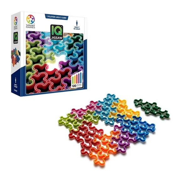 IQ Matrix puzzle by SMART GAMES; colorful interlocking puzzle pieces beside the boxed game.