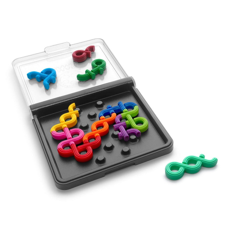 Smart Games IQ Noodles puzzle set with colorful plastic noodles in a black tray and clear lid by SMART GAMES