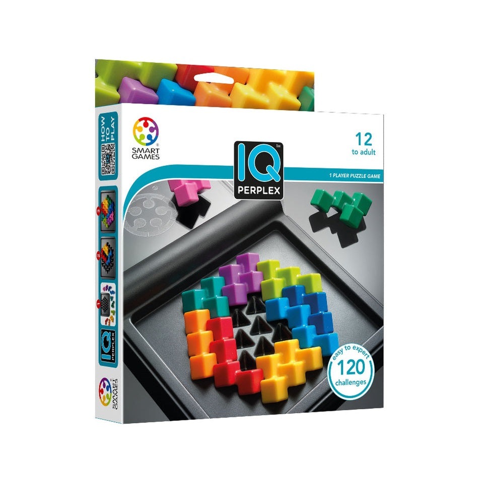 Smart Games IQ Perplex puzzle game box featuring colorful interlocking blocks and 120 challenges