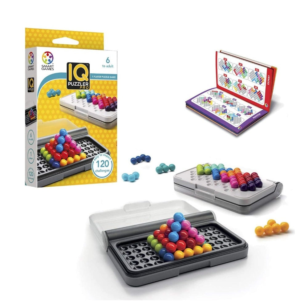 Smart Games IQ Puzzler Pro puzzle game, colorful pegs on a travel tray with 120 challenges