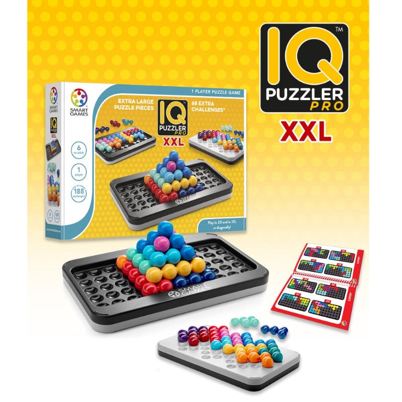 Smart Games IQ Puzzler Pro XXL puzzle game with colorful ball pyramid on black tray