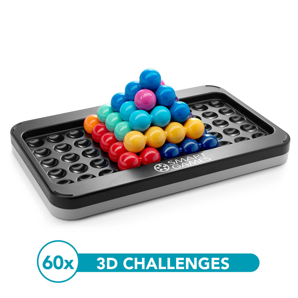 IQ Puzzler Pro XXL puzzle on a black tray with a colorful 3D sphere pyramid by SMART GAMES