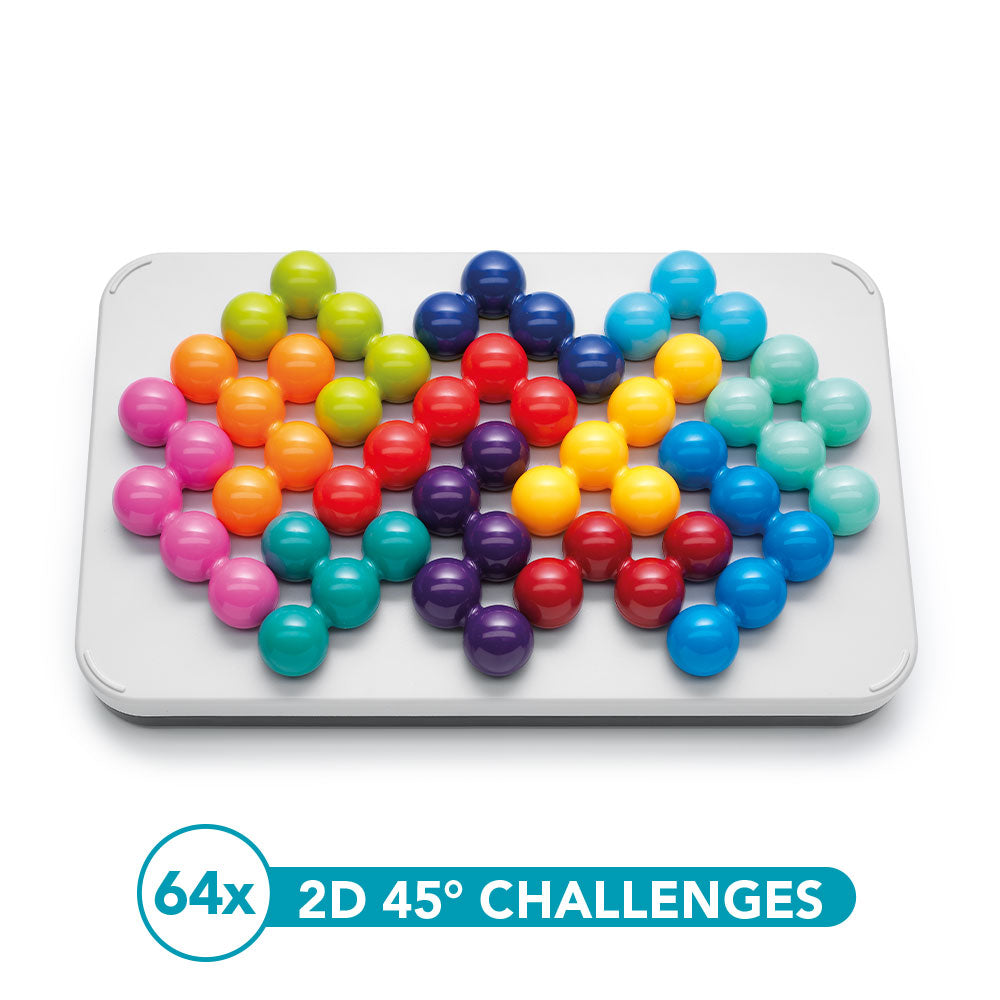 Smart Games IQ Puzzler Pro XXL puzzle with 64 colorful spheres on a white tray