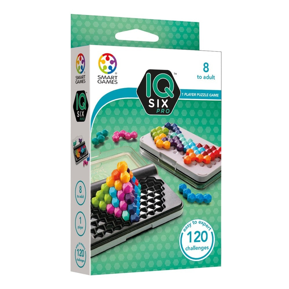 IQ Six Pro puzzle game by Smart Games with colorful hexagon tiles, 120 challenges for ages 8 to adult