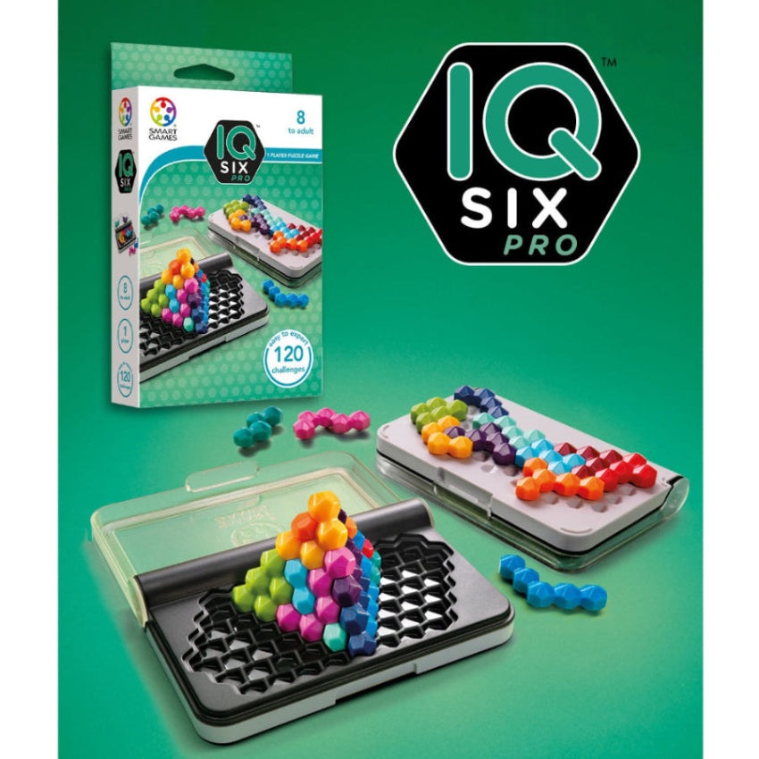 IQ Six Pro puzzle game by SMART GAMES; rainbow hex peg mosaic on a tray with the box.