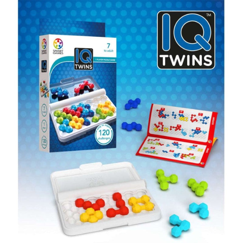 IQ Twins puzzle game by SMART GAMES; includes 120 challenges, colorful hexagonal pieces and portable tray.