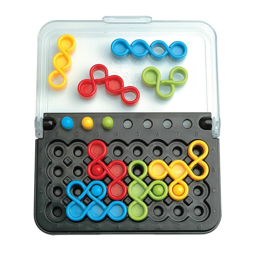 Smart Games IQ Twist puzzle with colorful interlocking rings on a black pegboard