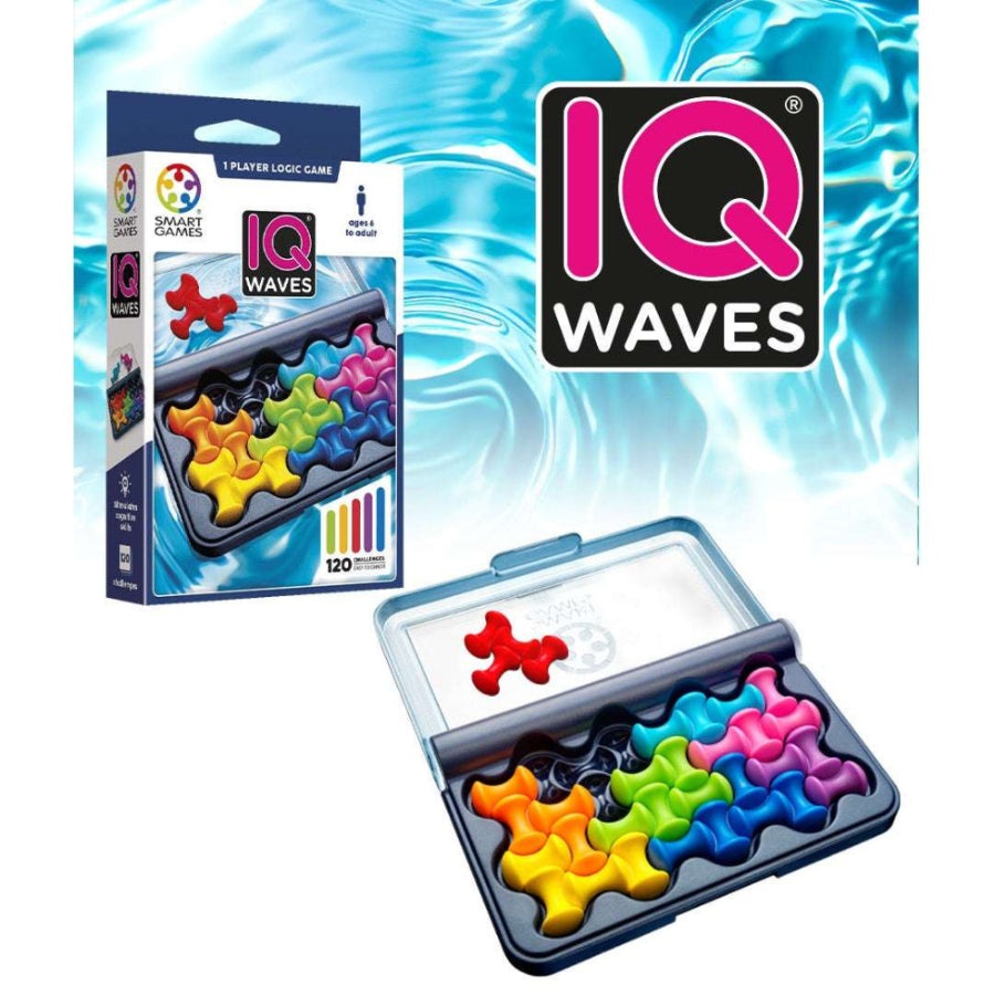Smart Games IQ Waves puzzle set with 12 colorful magnetic wave tiles in a portable tin, 120 challenges