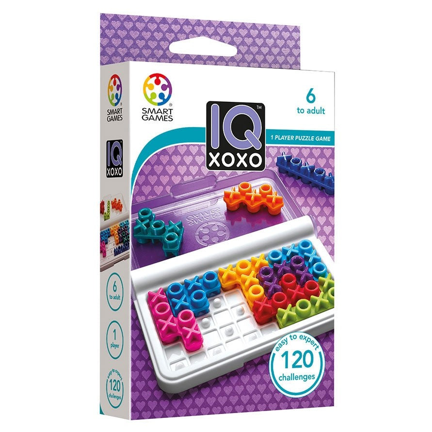 IQ XOXO puzzle game by Smart Games; single-player with colorful X/O tokens on a white tray, purple patterned box