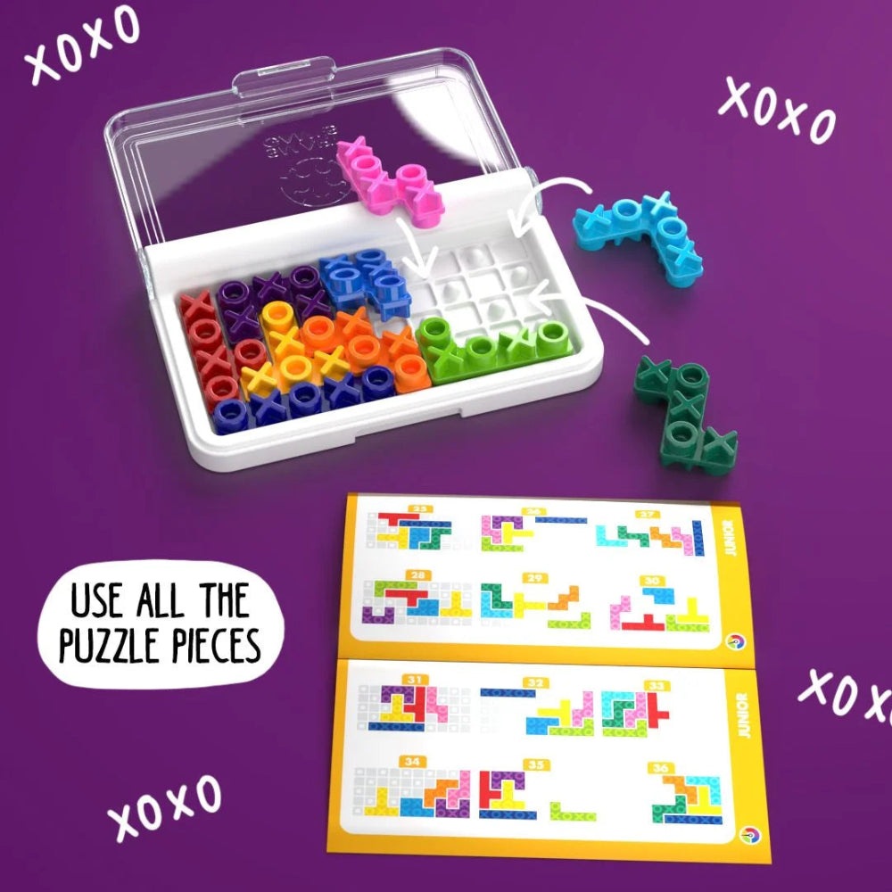 Smart Games IQ XOXO puzzle set with colorful XOXO pieces, storage case, and instruction sheets.