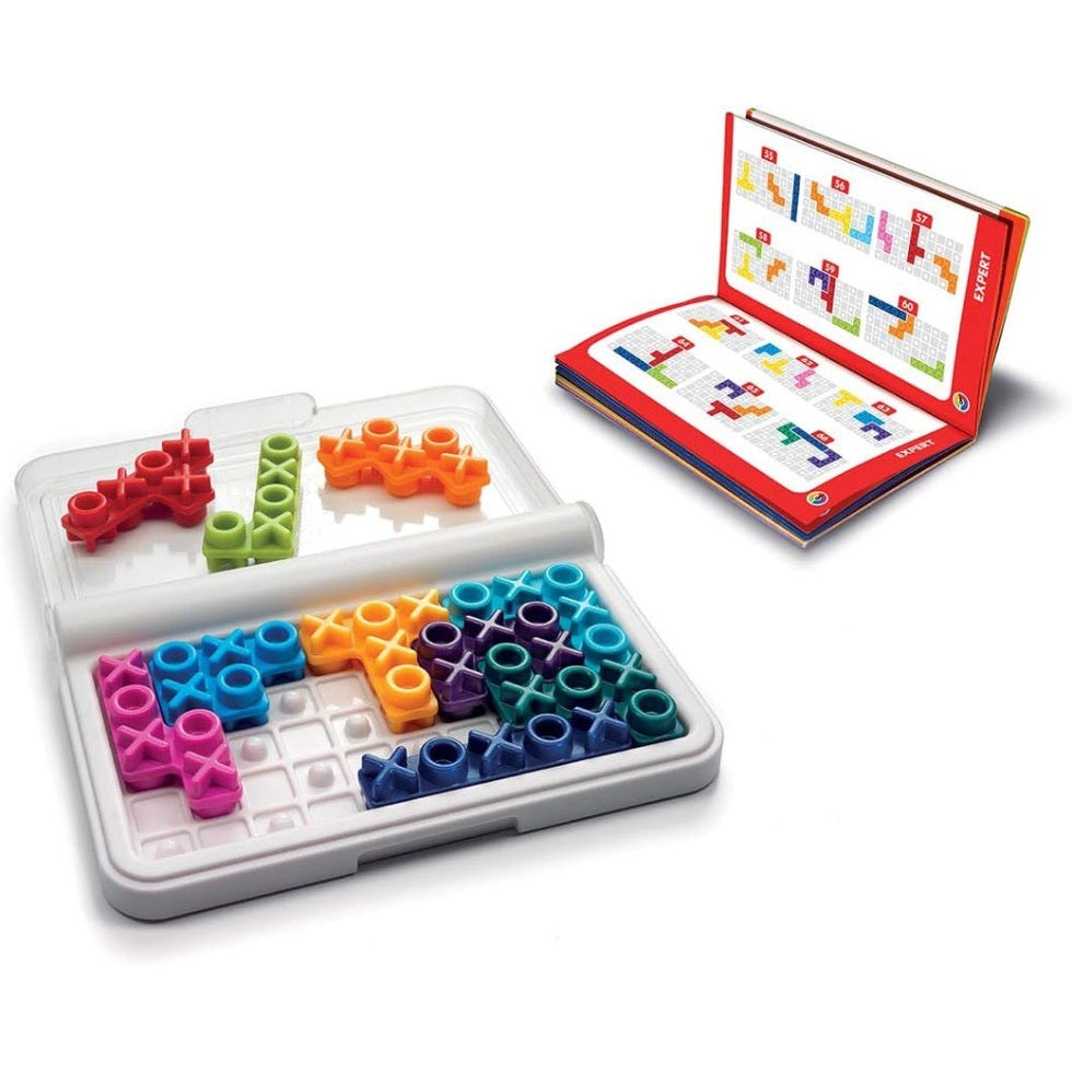 Smart Games IQ XOXO puzzle game with colorful X and O tokens in a white tray and booklet