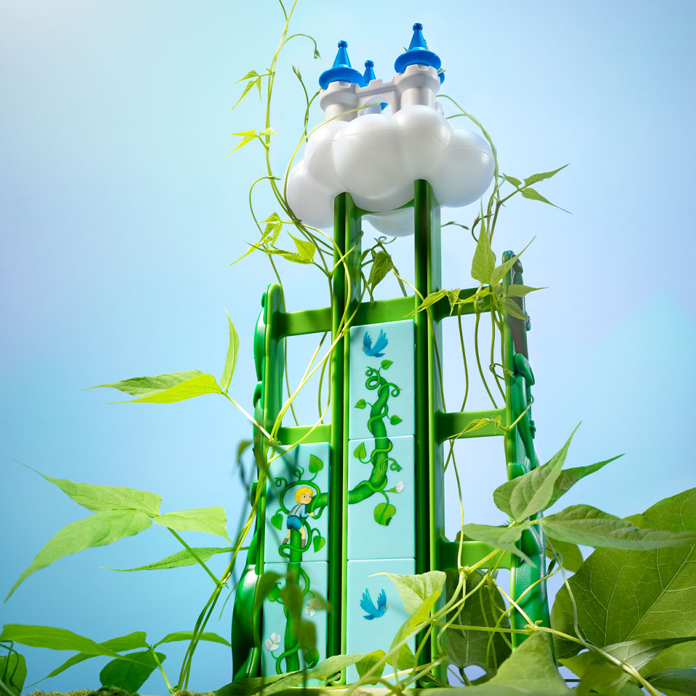 Smart Games Jack & The Beanstalk puzzle tower in green with vine-covered blocks and a cloud castle