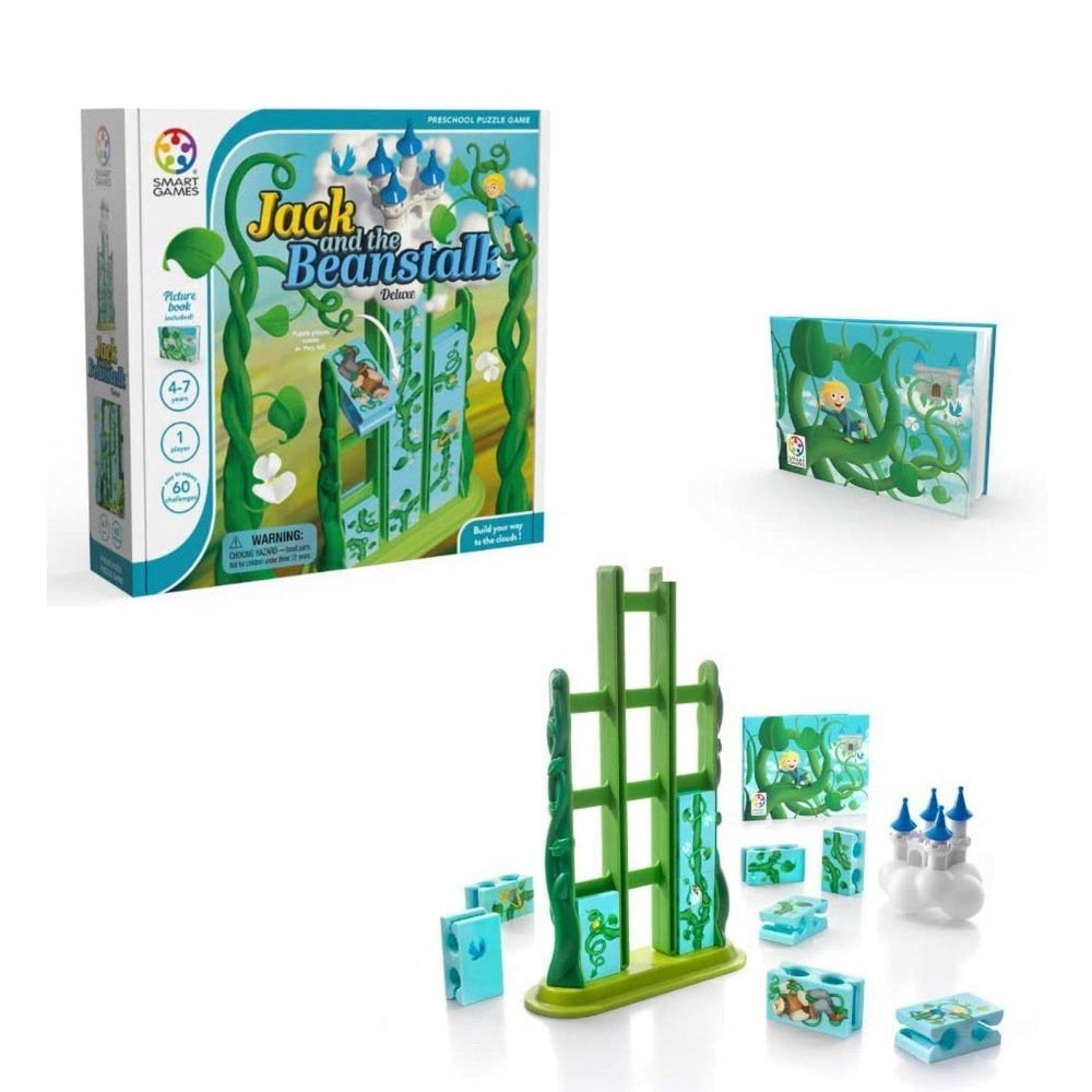 Smart Games Jack and the Beanstalk puzzle set with green tower stand, blocks, and castle pieces for 60 challenges