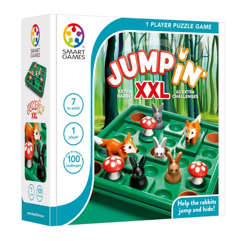 Jump In XXL from SMART GAMES, a single-player brain teaser with rabbit tokens on a green grid