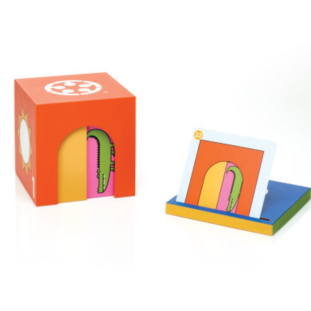 Smart Games Peek-A-Zoo educational toy set with bright orange box and colorful animal puzzle pieces