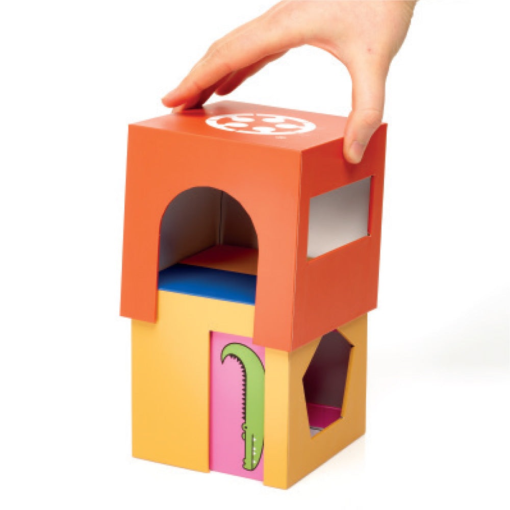 Smart Games Peek-A-Zoo toy tower with orange top arch, yellow base, pink door and green zipper graphic