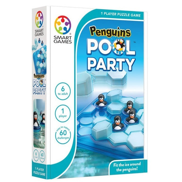 Penguins Pool Party puzzle game by SMART GAMES, 1 player, blue icy board with penguin figures