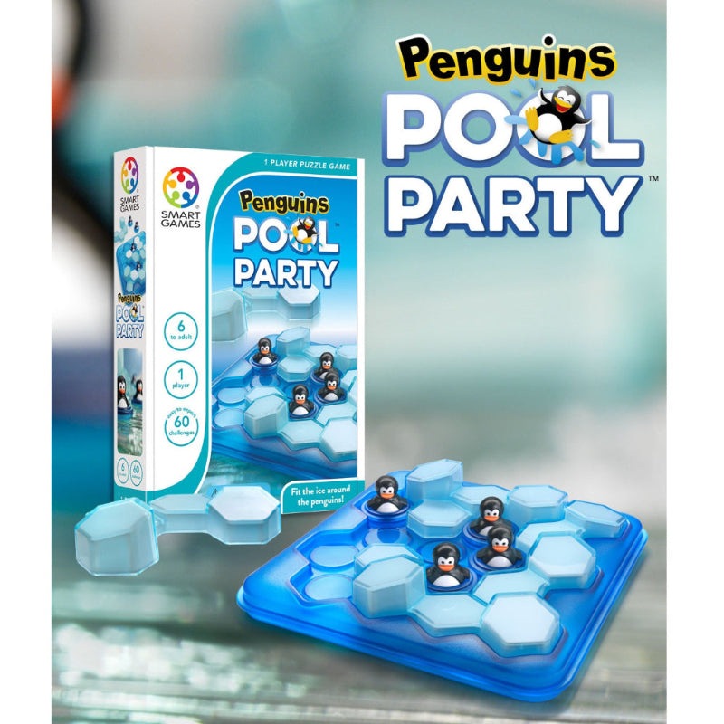 Penguins Pool Party board game by SMART GAMES, blue hex tiles with penguin figures for 1 player