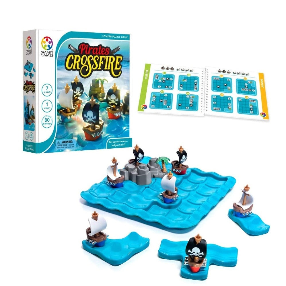 Smart Games Pirates Crossfire puzzle game; blue water board with multiple pirate ships and islands.