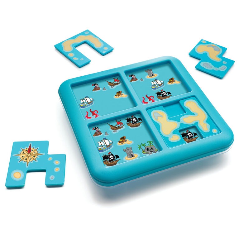 Smart Games Pirates Jr Hide & Seek puzzle, blue tray with four compartments and pirate ship tiles