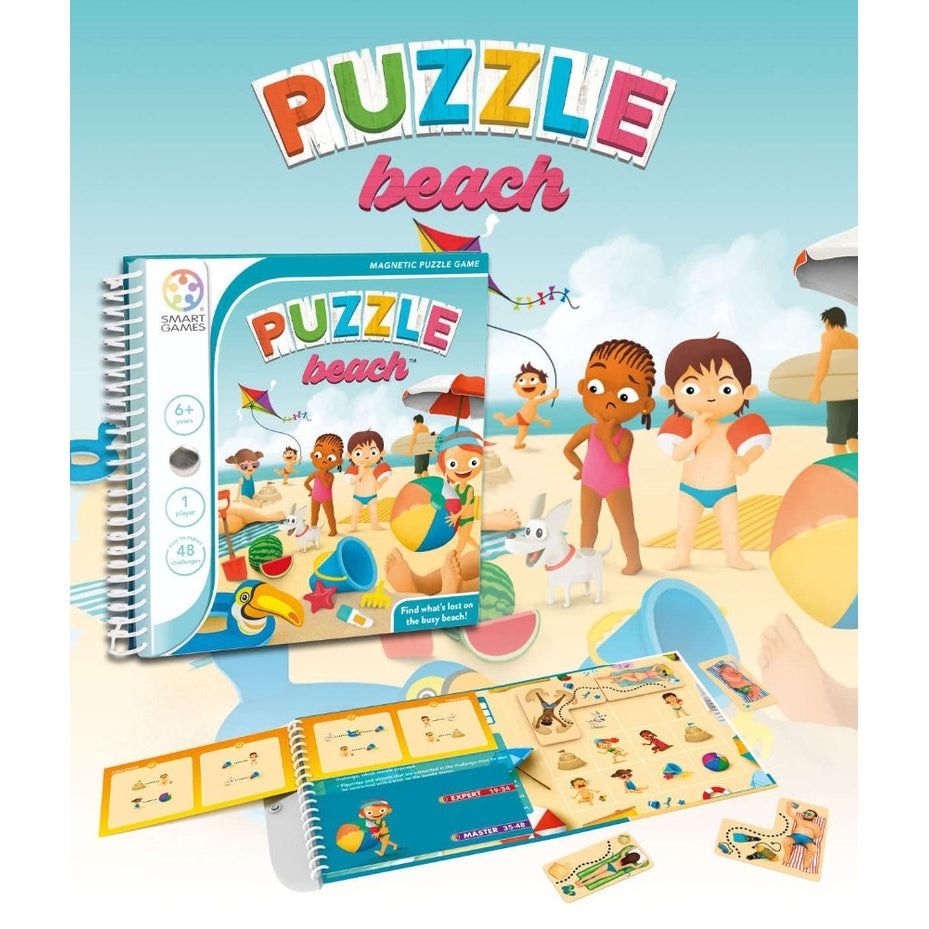 Smart Games Puzzle Beach magnetic puzzle by SMART GAMES; colorful beach scene with 48 challenges.