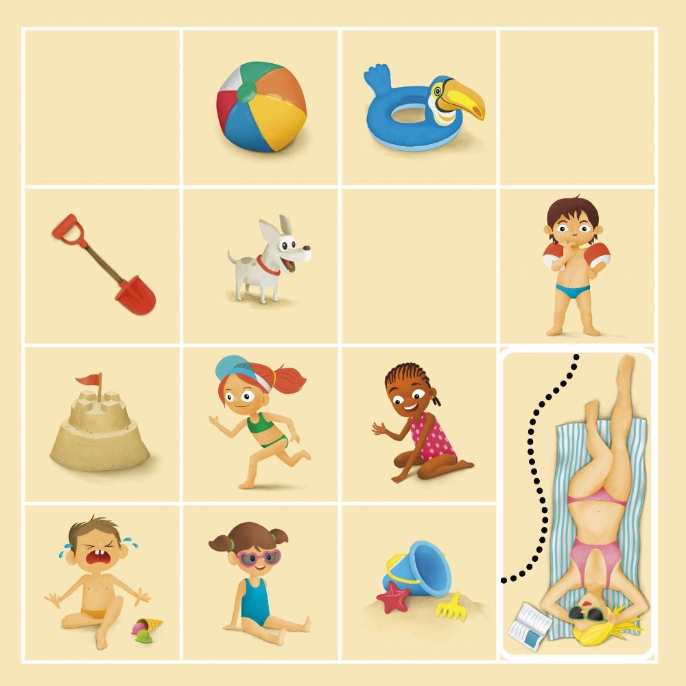 Smart Games Beach Puzzle set with a collage of beach toys including ball, inflatable float, shovel, sandcastle and kids playing