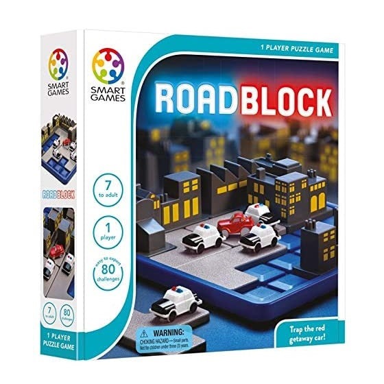 Smart Games Roadblock puzzle game box; 1 player, educational toy featuring a city street and toy cars.
