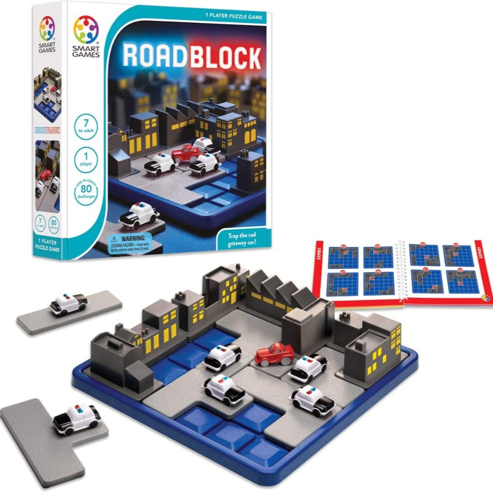 Smart Games Roadblock single-player educational puzzle on a city-grid board with police cars and instruction booklets.