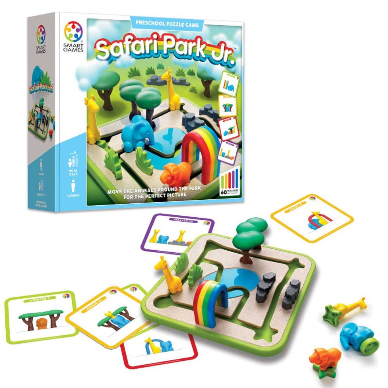 Safari Park Jr. puzzle game by SMART GAMES; colorful animal figures, rainbow bridge, and game board.