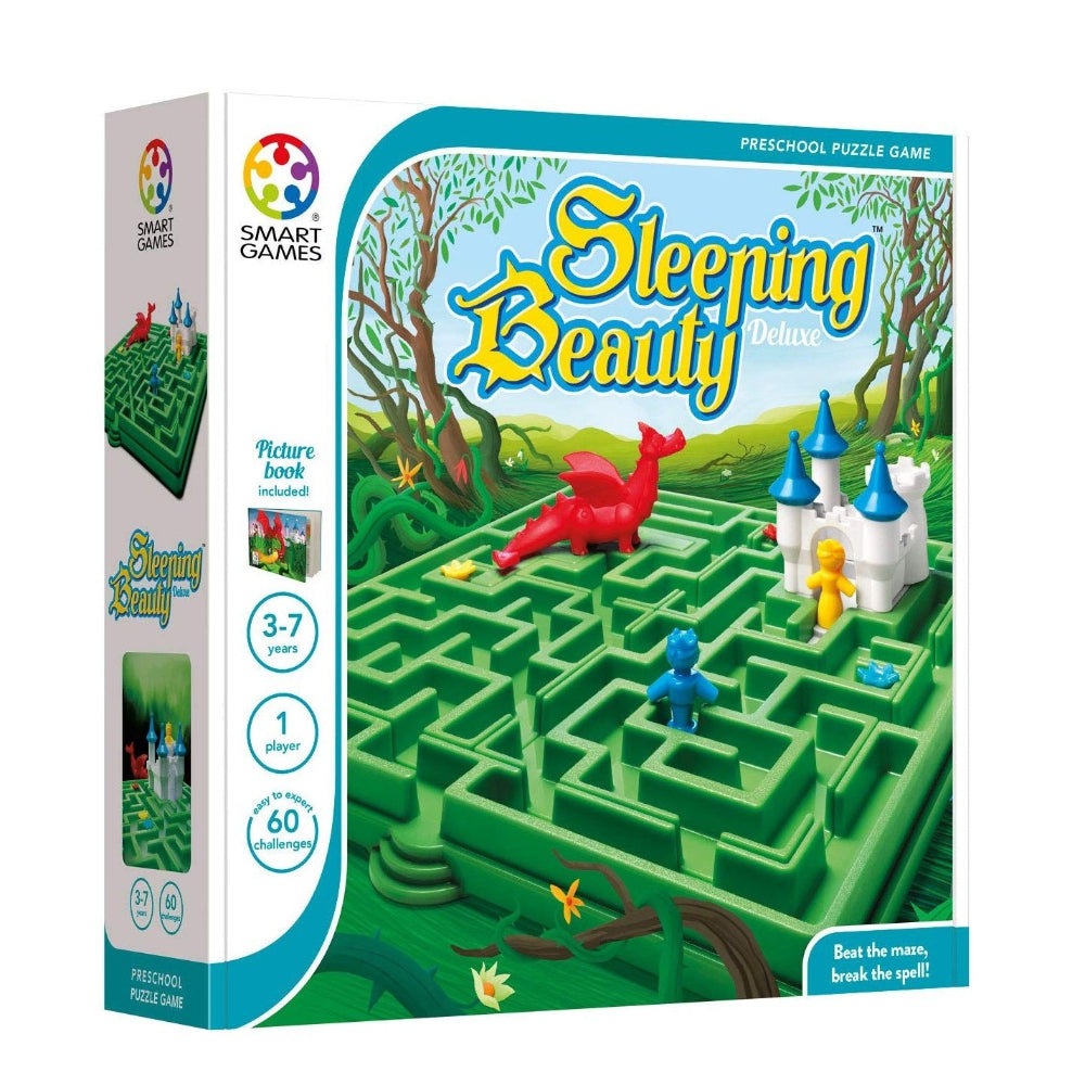 Smart Games Sleeping Beauty Deluxe puzzle game; green maze board with dragon and castle pieces for ages 3-7.