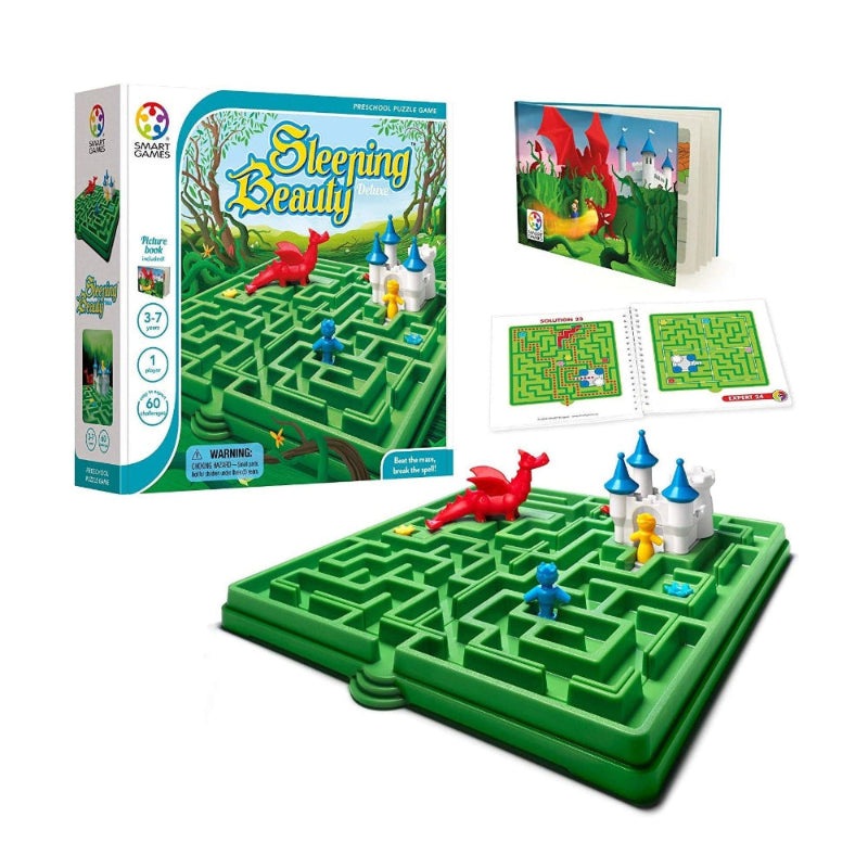 Sleeping Beauty Deluxe maze puzzle by SmartGames; green plastic maze with dragon and castle pieces
